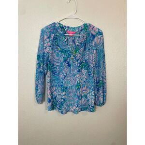 Lilly Pulitzer Elsa Blouse Womens XS Blue Pink Floral 100% Silk Good Condition